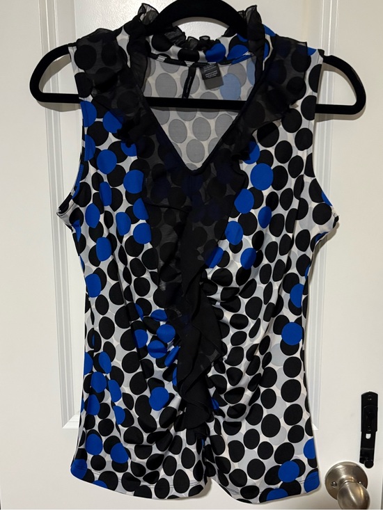 new directions Tops - New Directions Blue Black Polka Dot Ruffle Sleeveless Top Size M